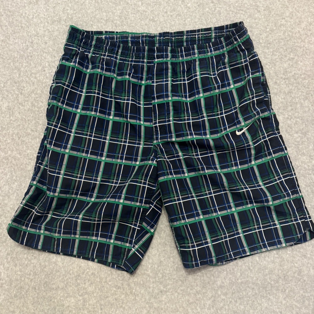 Nike Mens Plaid Swim Trunks Navy Blue Green White Large Beach Summer
